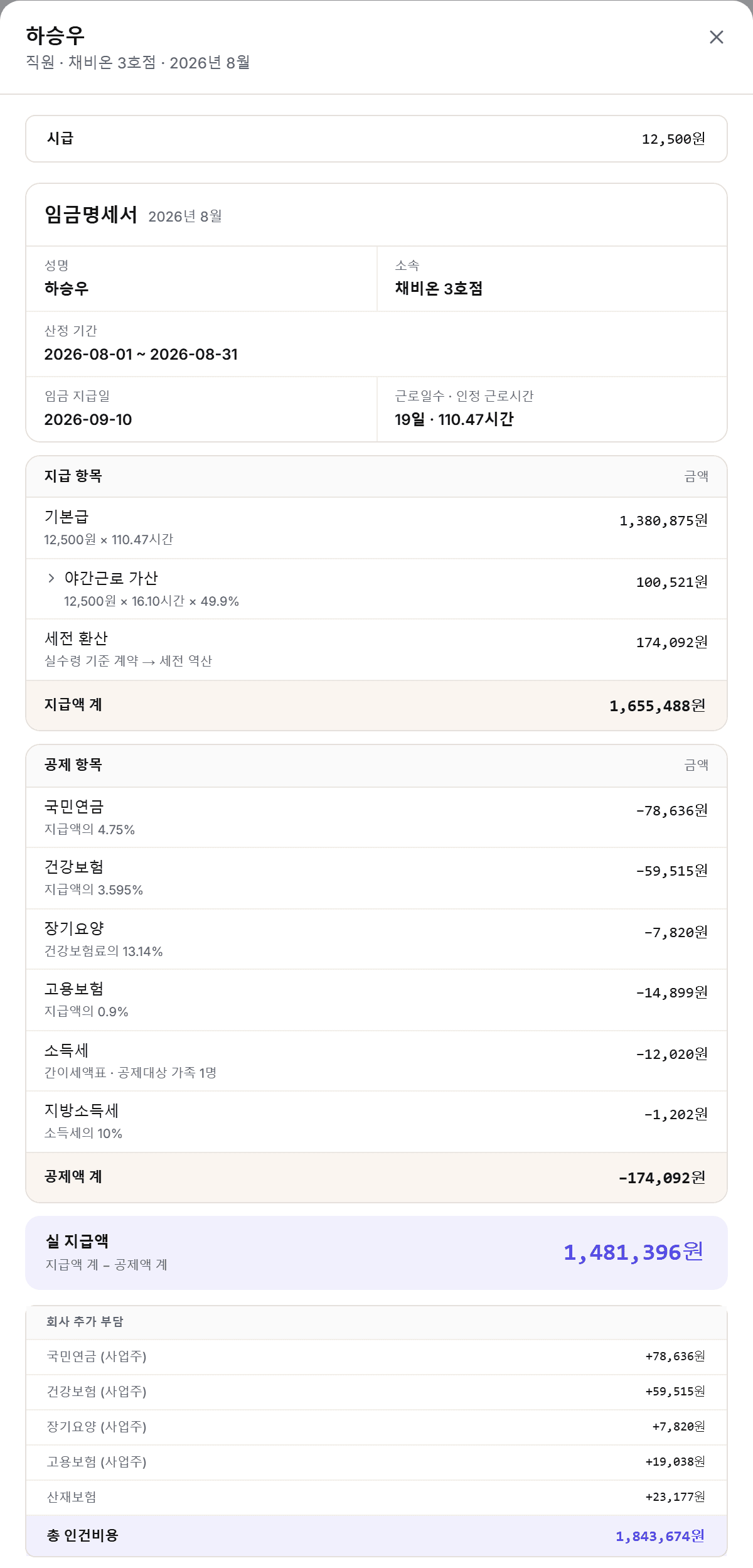항목마다 계산 방법이 적힌 명세서