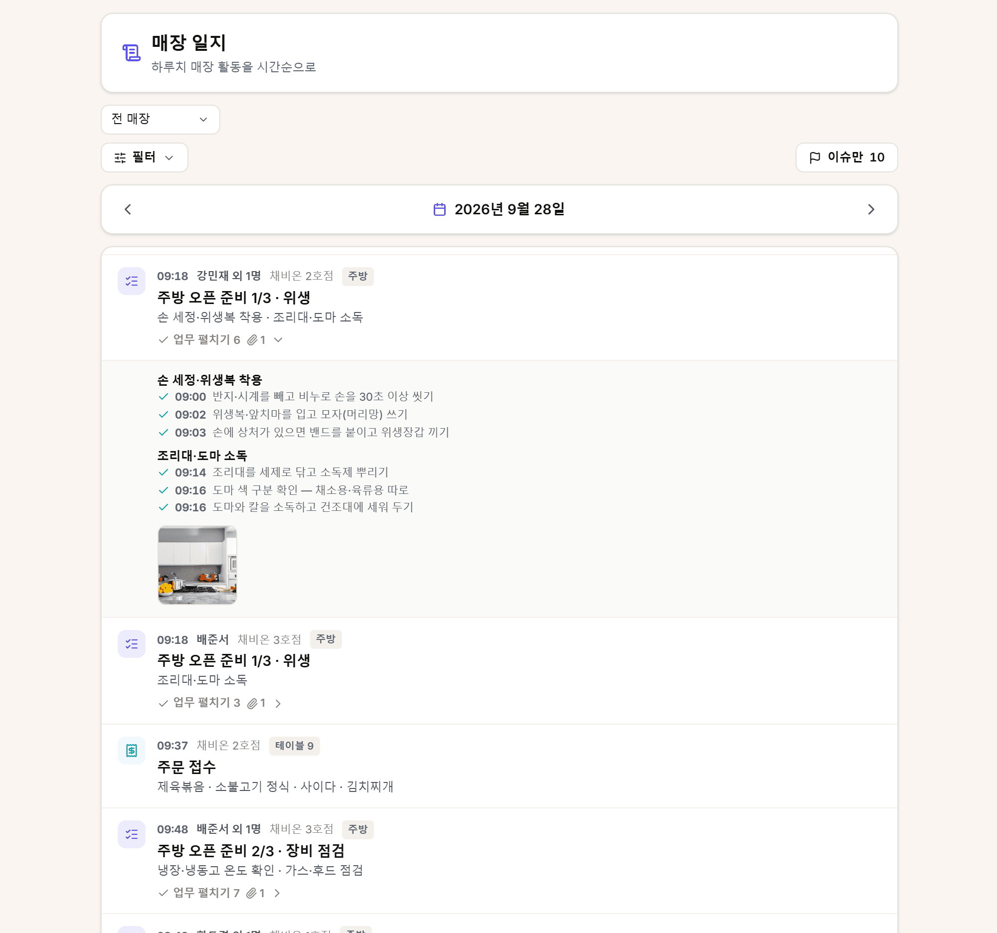 매장의 하루를 시간순으로 봅니다.