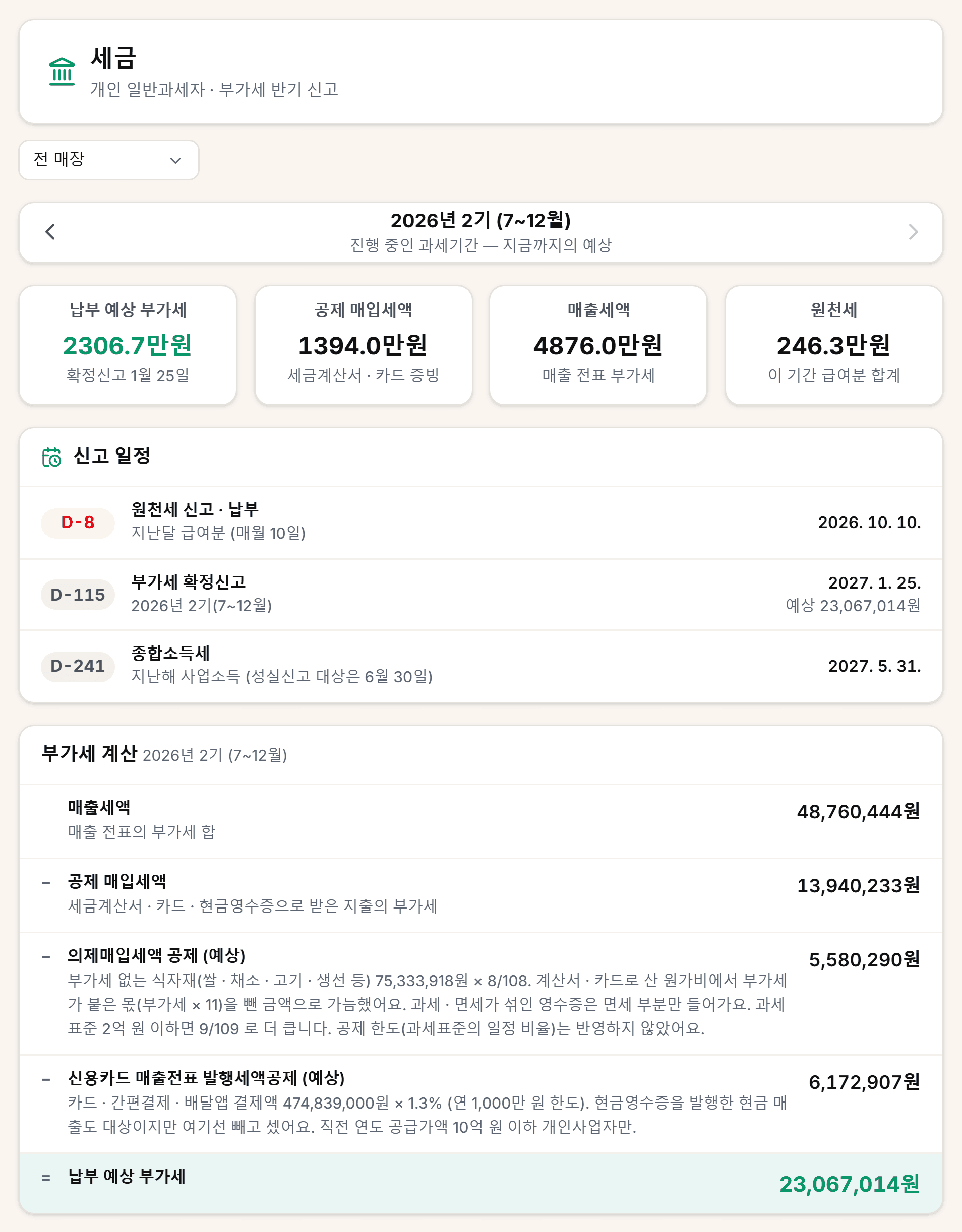 부가세가 얼마 나올지, 신고 전에 봅니다.