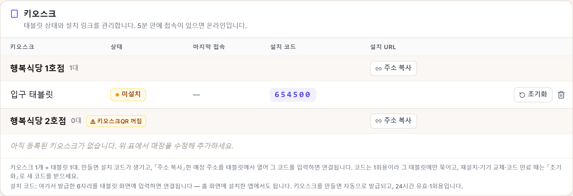 키오스크 패널. 매장별 태블릿, 상태 · 마지막 접속 · 설치 코드 · 주소 복사 · 초기화 · 삭제