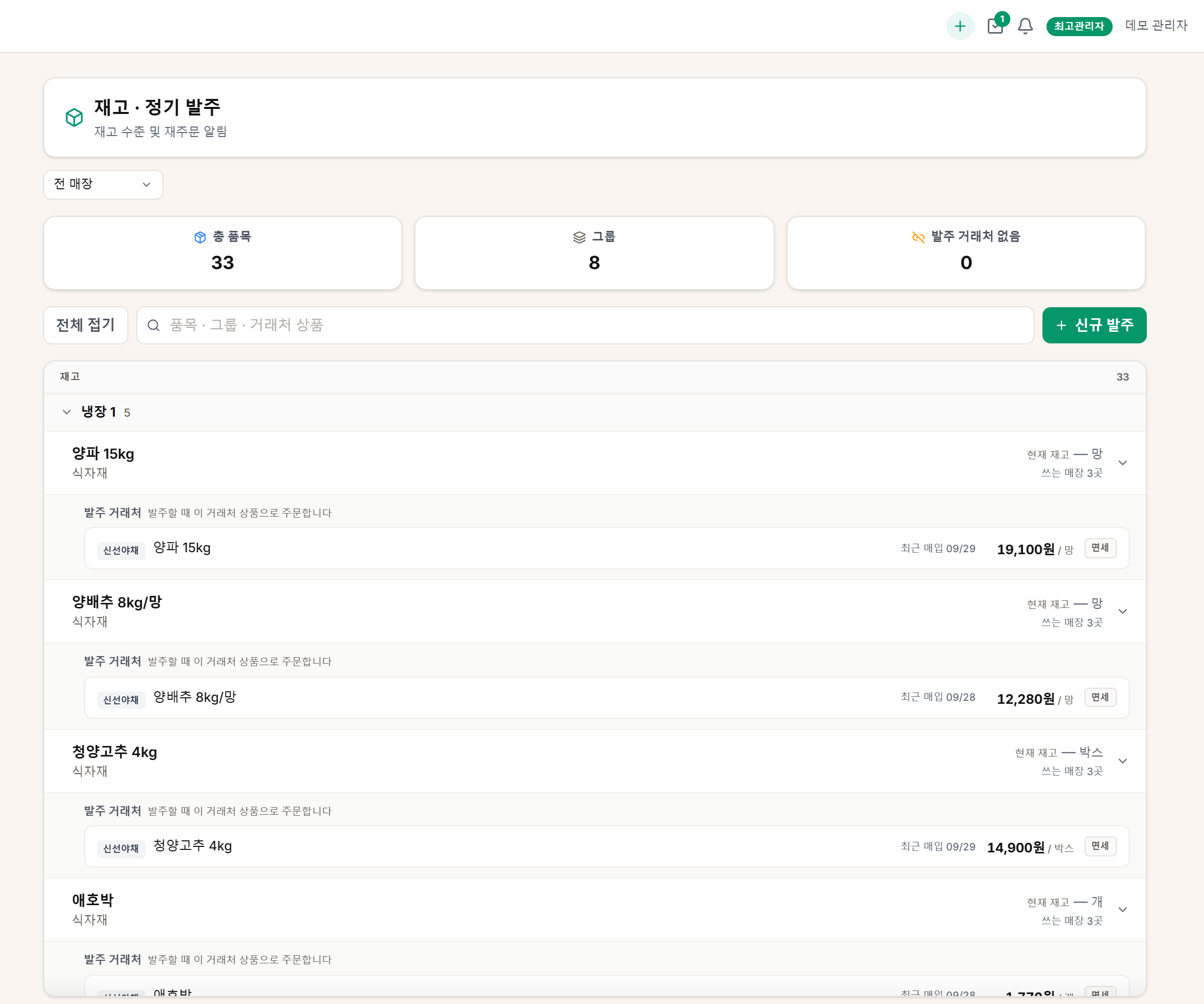 재고. 총 품목 · 그룹 · 발주 거래처 없음, 그룹별 품목과 연결된 거래처 상품