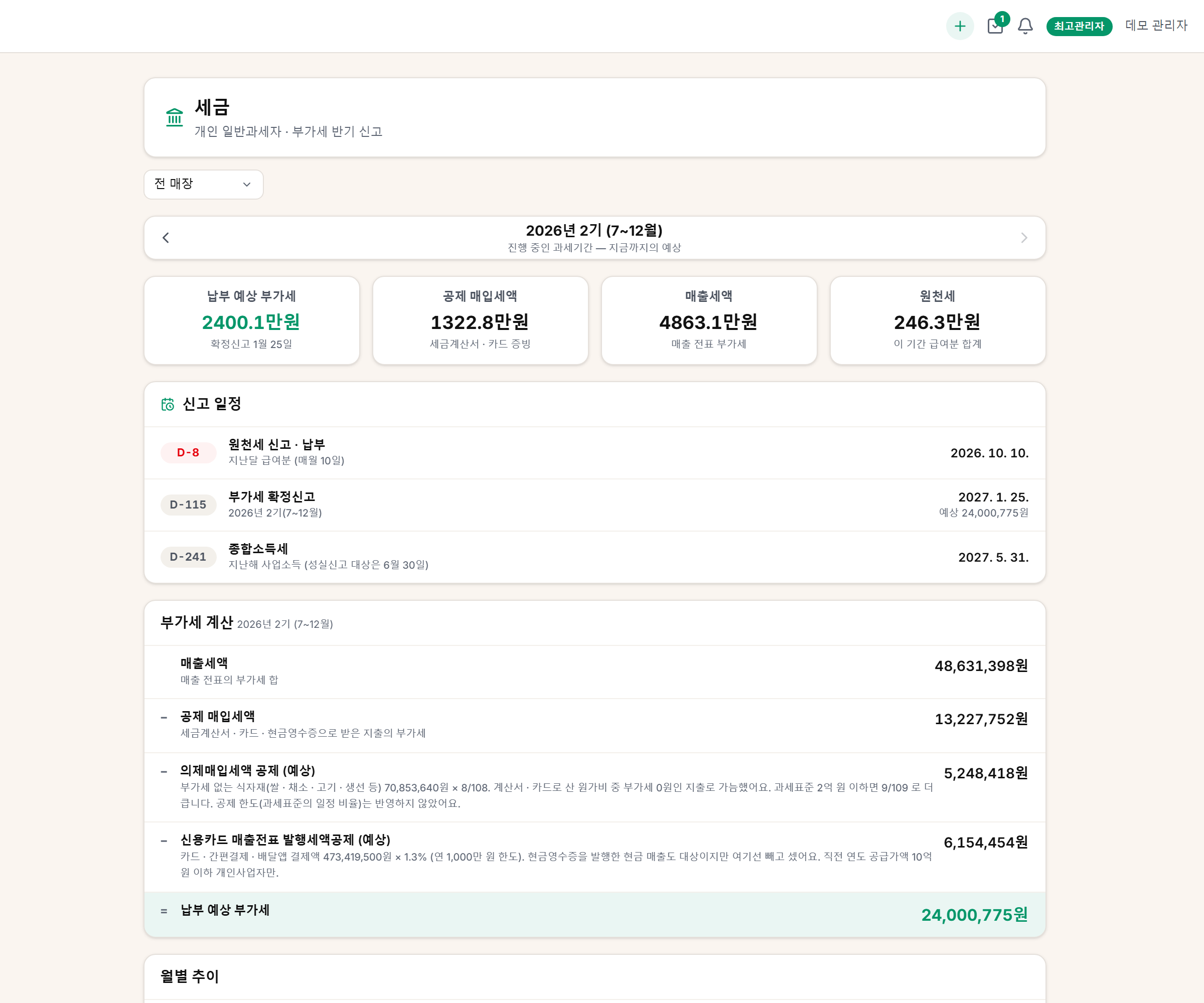 세금. 과세기간, 예상 부가세 · 공제 매입세액 · 매출세액 · 원천세, 신고 일정, 계산 근거