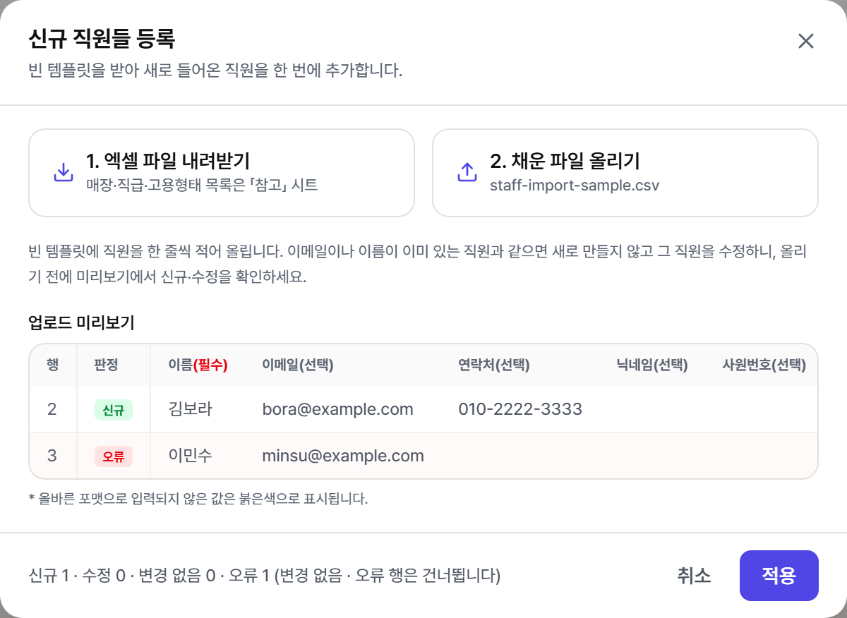 업로드 미리보기. 2행은 신규, 3행은 오류